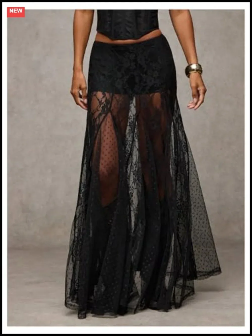Sheer Lace Maxi Skirt Ruffle Asymmetrical See Through Long Flowy Polka Dot